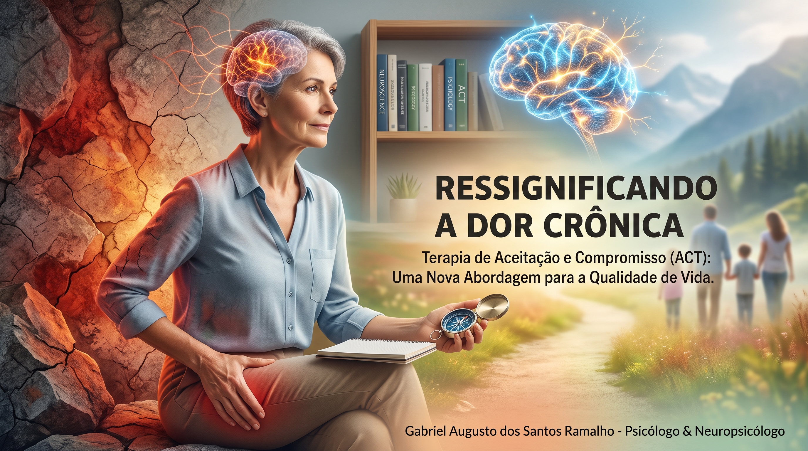 Uma imagem de capa conceitual de um artigo intitulado "RESSIGNIFICANDO A DOR CRÔNICA" e legendado "Terapia de Aceitação e Compromisso (ACT): Uma Nova Abordagem para a Qualidade de Vida".